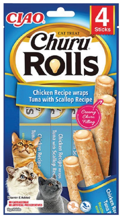 CIAO CHURU ROLLS STICKS DENİZ TARAKLI,TAVUK SARGILI VE TON BALIKLI KEDİ ÖDÜL MAMASI (KUTU İÇİ 12'Lİ