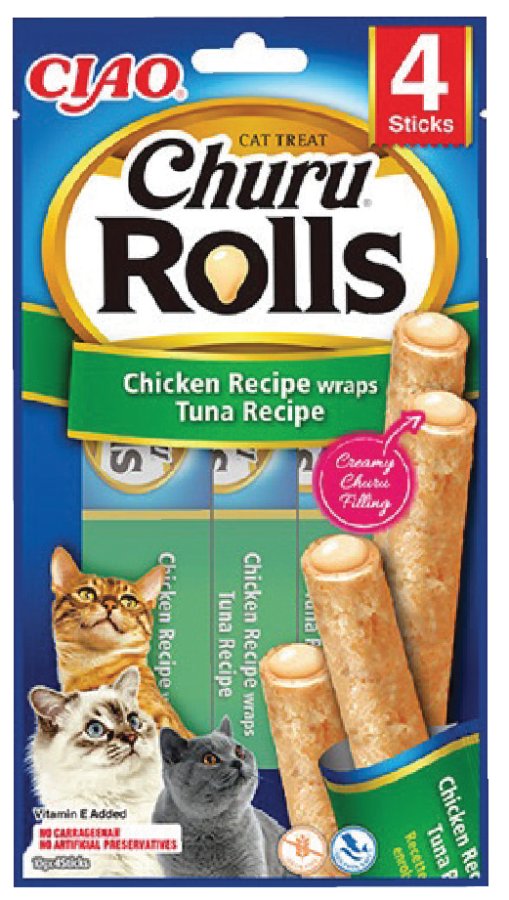 CIAO CHURU ROLLS STICKS TAVUK SARGILI & TON BALIKLI KEDİ ÖDÜL MAMASI (KUTU İÇİ 12'Lİ KOLİ İÇİ 48'Lİ)
